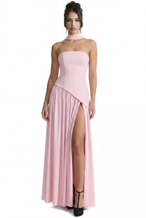 Yolène Strapless Ruched Maxi Dress With Draped Side Slit - Pink