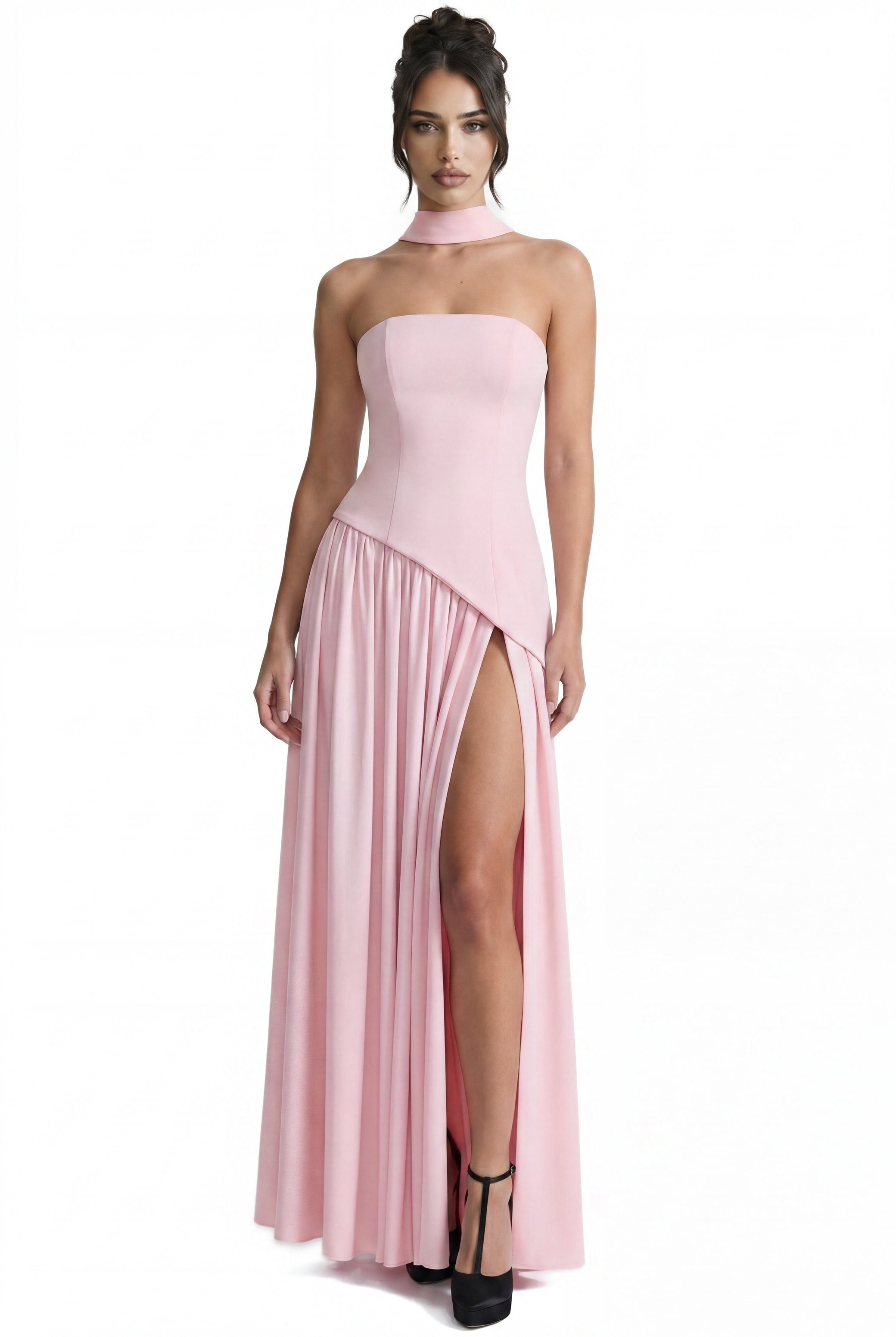 Yolène Strapless Ruched Maxi Dress With Draped Side Slit - Pink