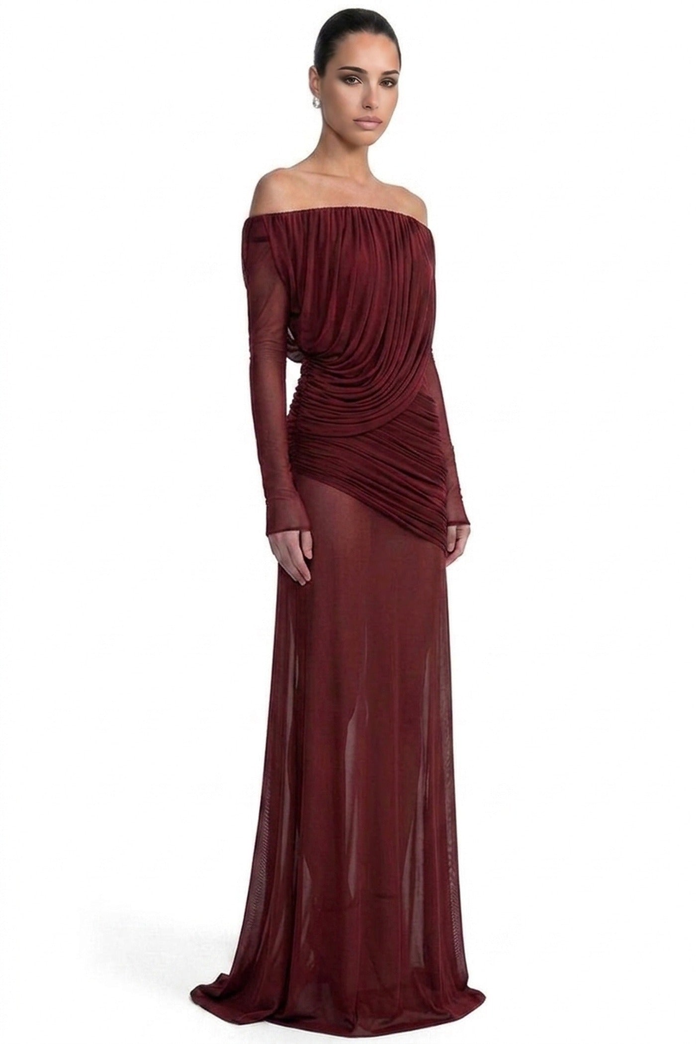 Eléonore Off-Shoulder Mesh Gown With Draped Long Sleeves - Burgundy
