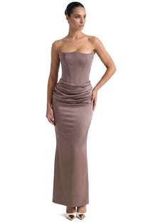 Isadora Strapless Corset Maxi Dress With Ruched Waist - Beige