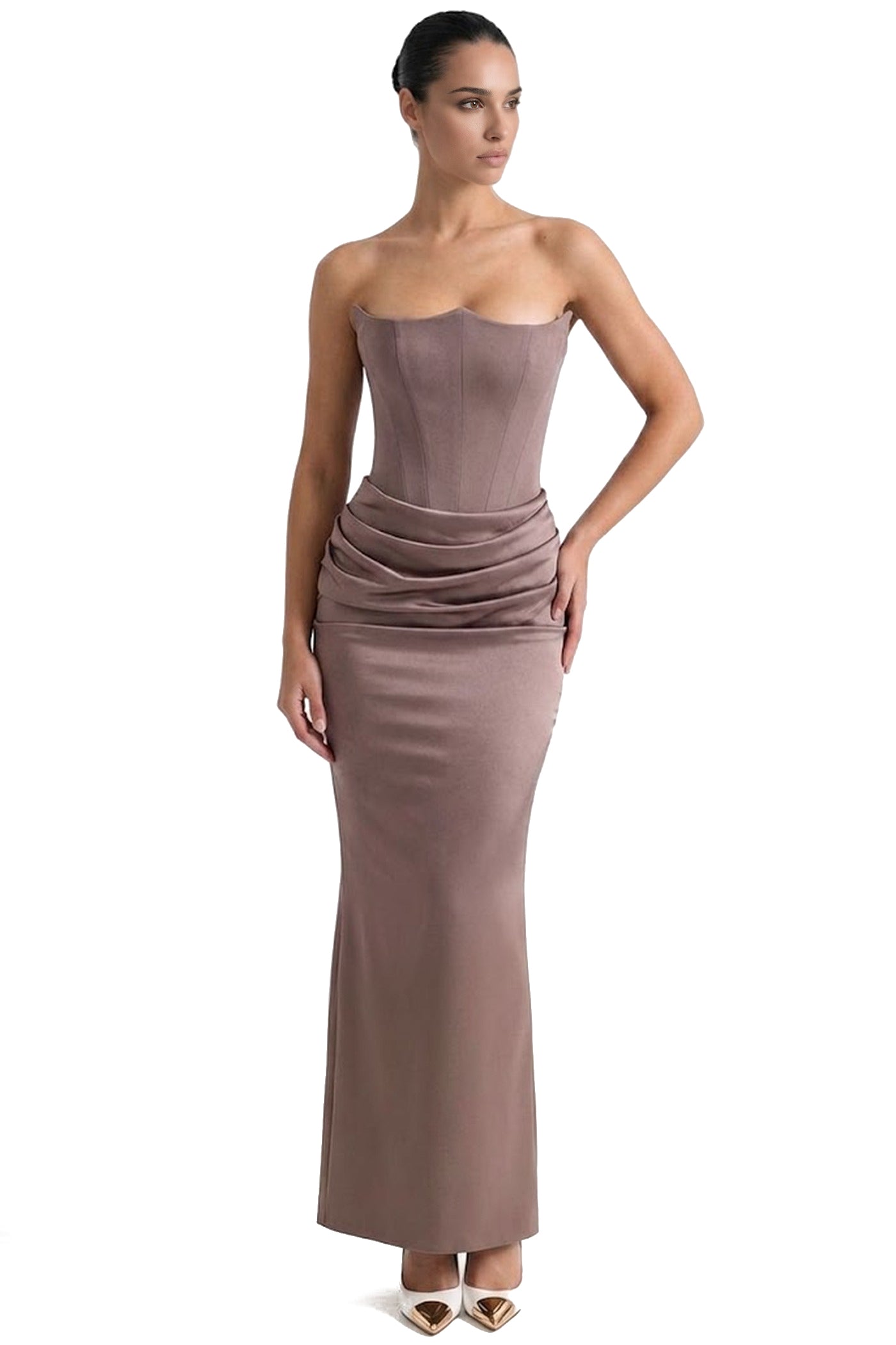 Isadora Strapless Corset Maxi Dress With Ruched Waist - Beige