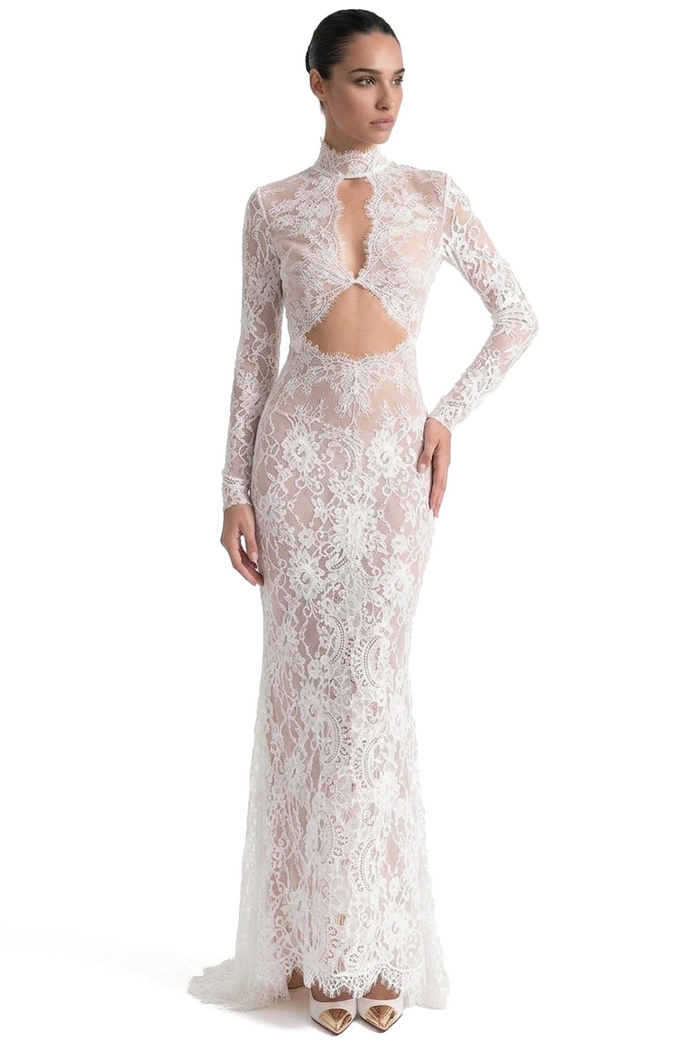 Scarlett Sheer Lace Gown With High Neck And Cutout Bodice And Front Slit - White