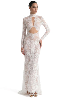 Scarlett Sheer Lace Gown With High Neck And Cutout Bodice And Front Slit - White
