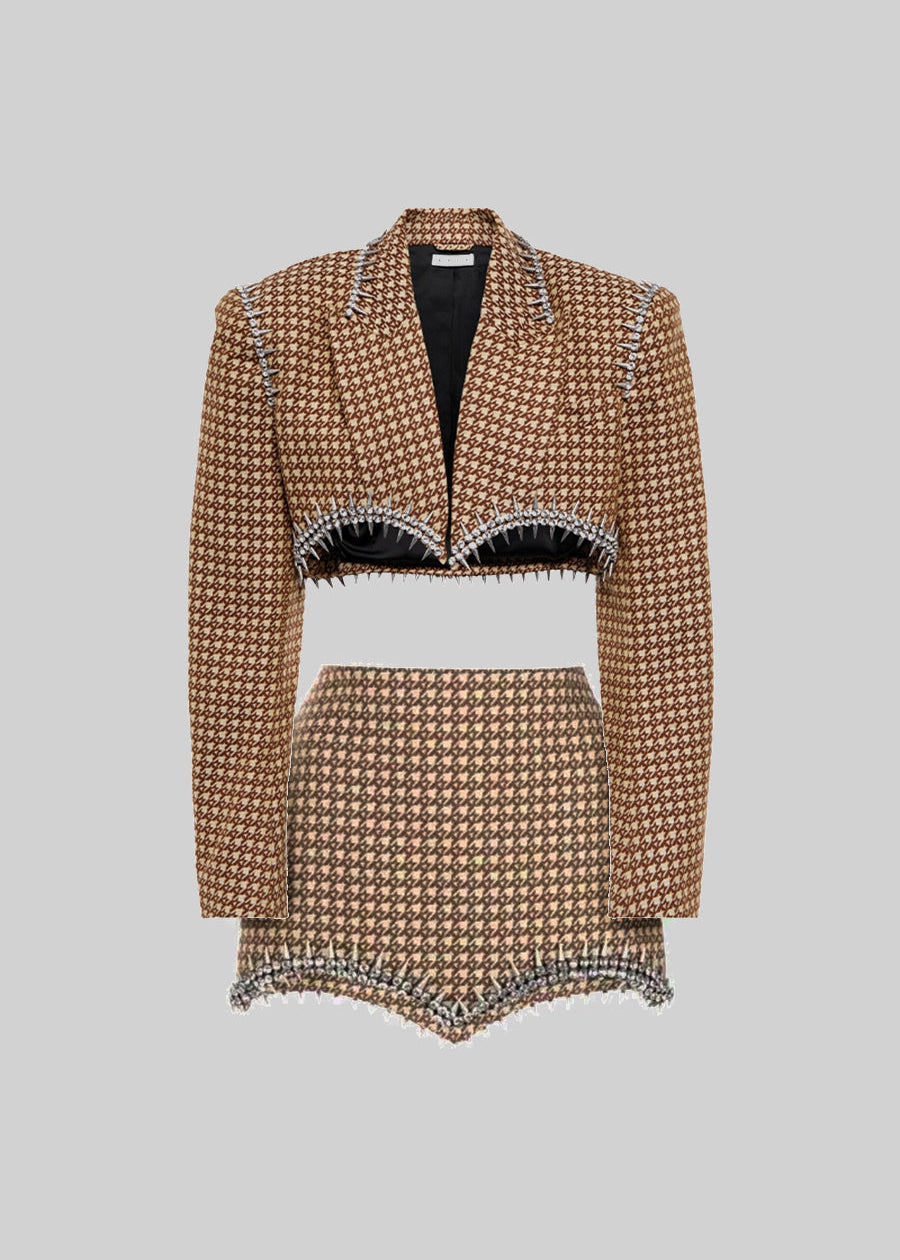 Elegant Houndstooth 2 Piece Set With Metal Spikes Detailing - Brown And Beige