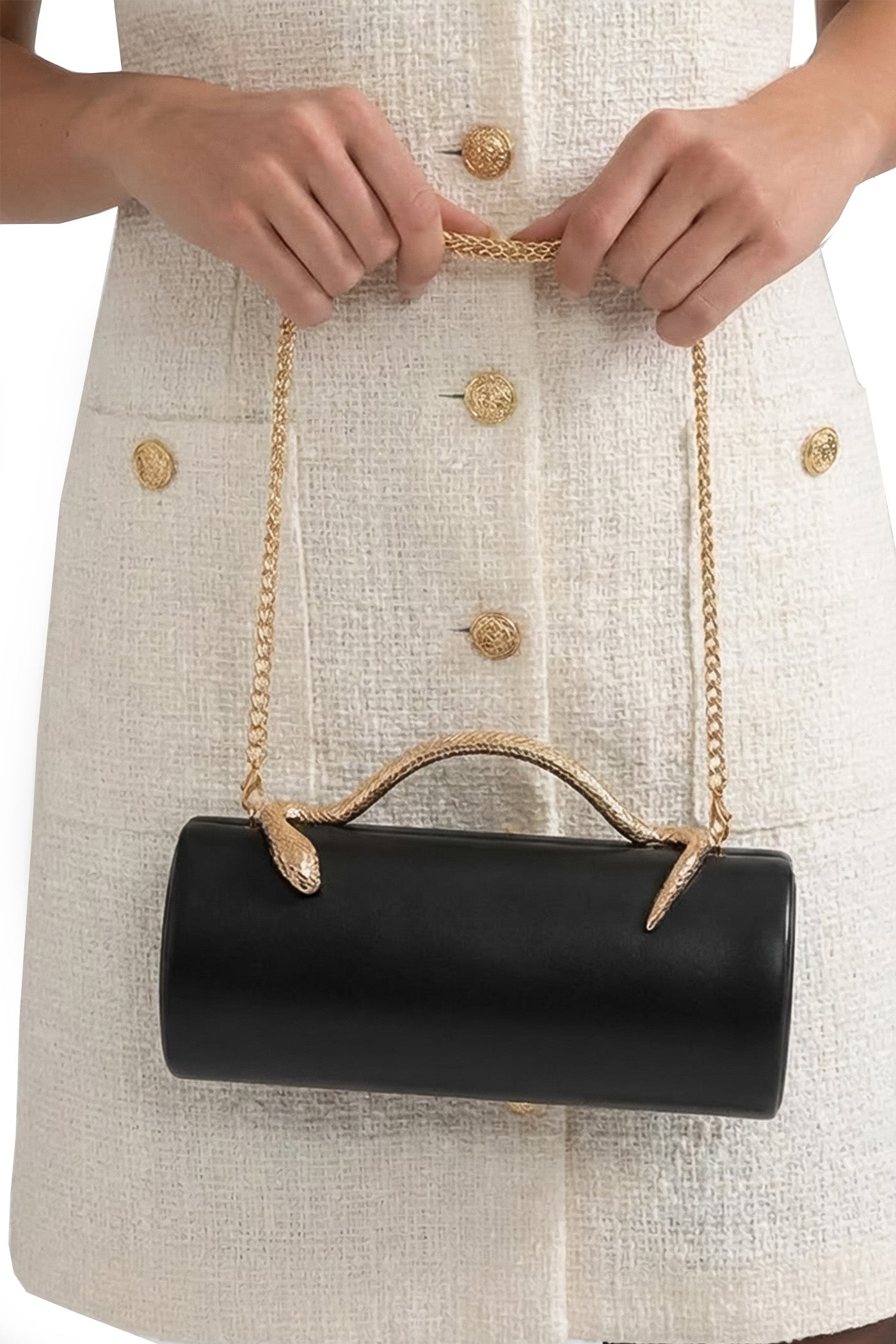 Maleïne Clutch Bag with Gold Chain and Snake Handle – Black