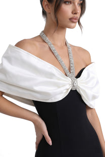 Viviane Off-Shoulder Draped Maxi Dress With Crystal Straps - Black/White
