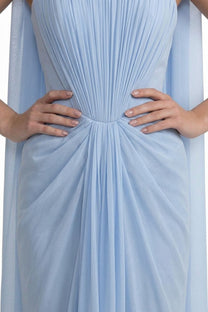 Azuria Strapless Pleated Gown With Draped Chiffon Cape - Light Blue