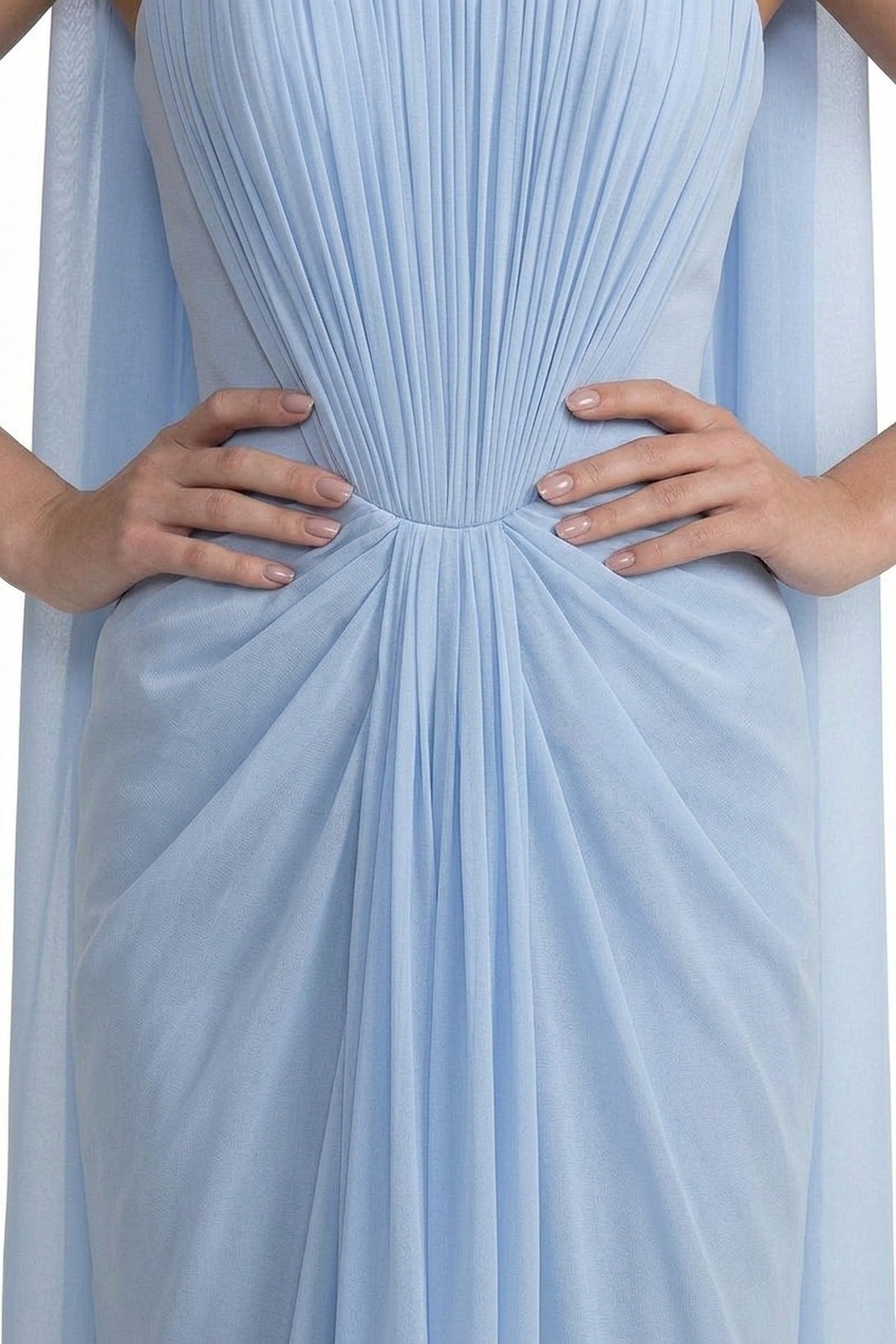 Azuria Strapless Pleated Gown With Draped Chiffon Cape - Light Blue