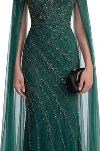 Lumière Embellished Long Sleeve Maxi Dress With Sheer Veil Sleeves - Green