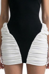 Blanche Contrast Mini Dress With High Neck And Ruched White Side Panels - Black