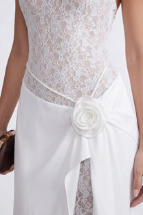 Vivienne Lace High-Neck Gown With Satin Skirt And Rose Detail - White
