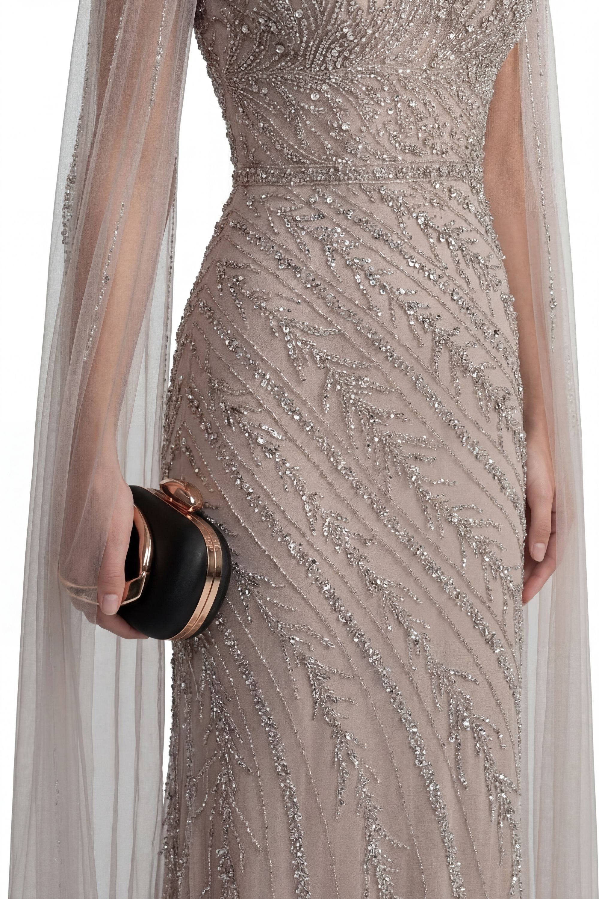 Lumière Embellished Long Sleeve Maxi Dress With Sheer Veil Sleeves - Beige