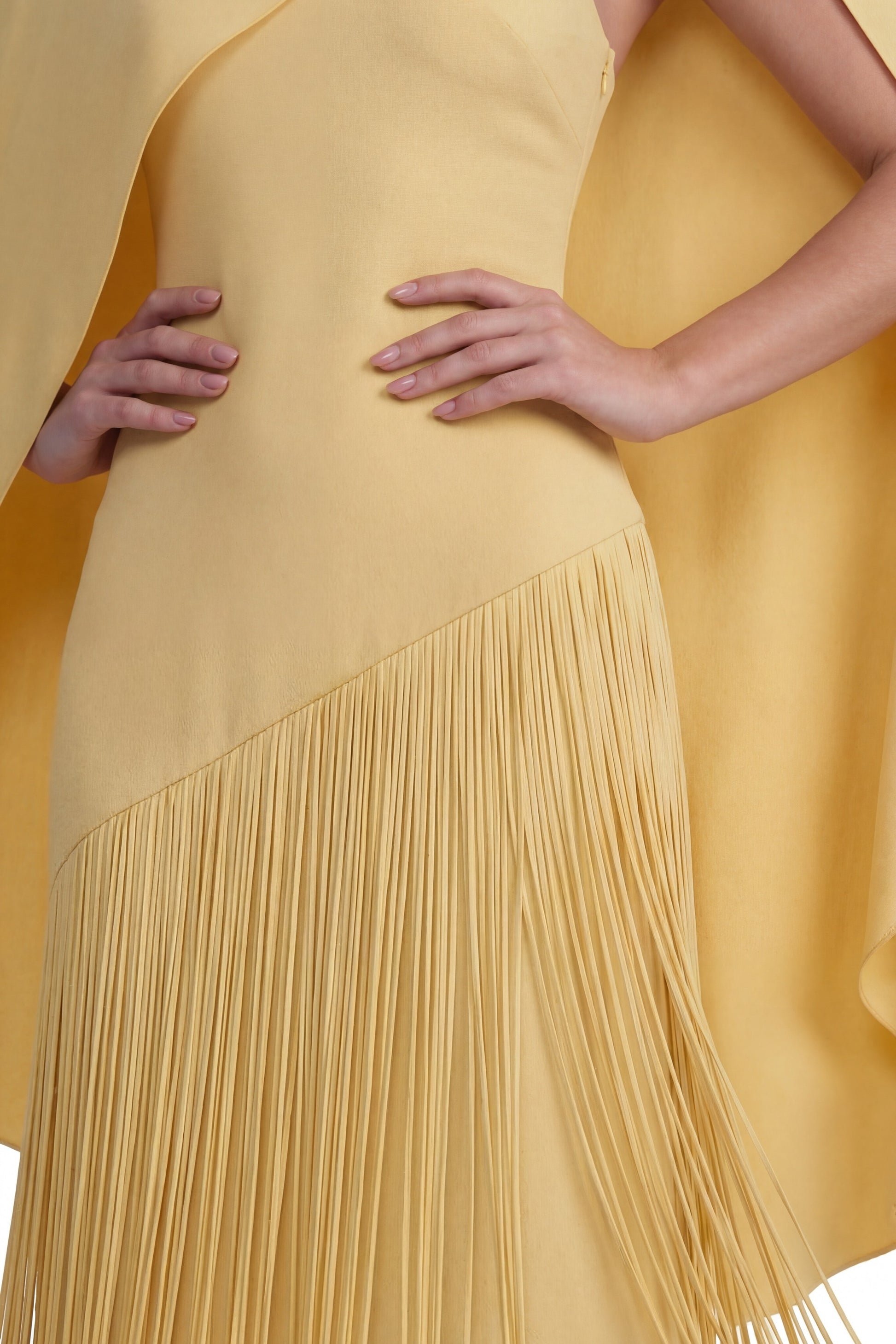Madeleine Fringe Skirt Maxi Dress With Detachable Cape-Sleeve - Yellow