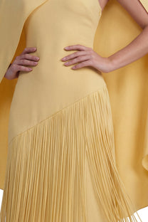 Madeleine Fringe Skirt Maxi Dress With Detachable Cape-Sleeve - Yellow