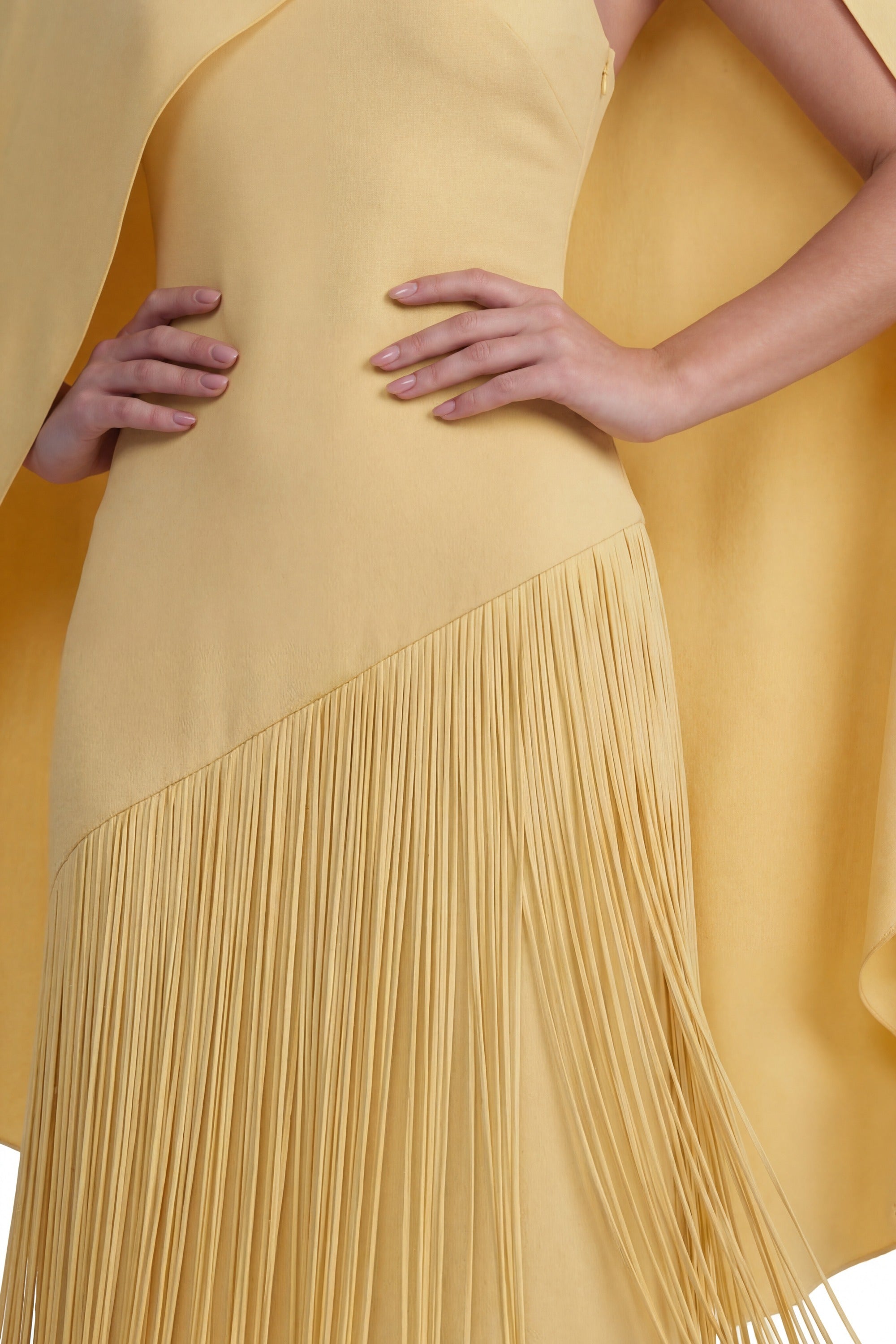 Madeleine Fringe Skirt Maxi Dress With Detachable Cape-Sleeve - Yellow