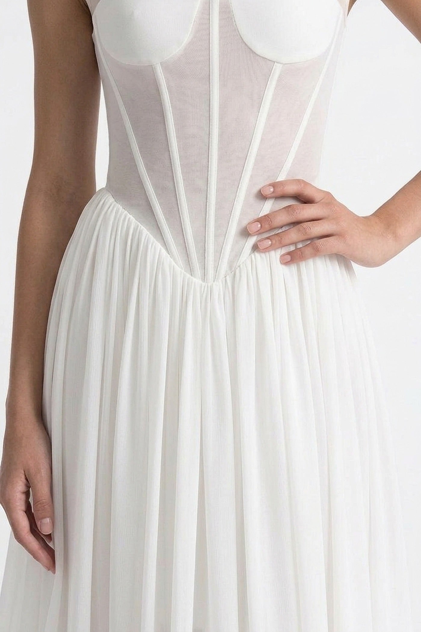 Joséphine Cap-Sleeve Gown With Sheer Corset Bodice And Gathered Maxi Skirt - White