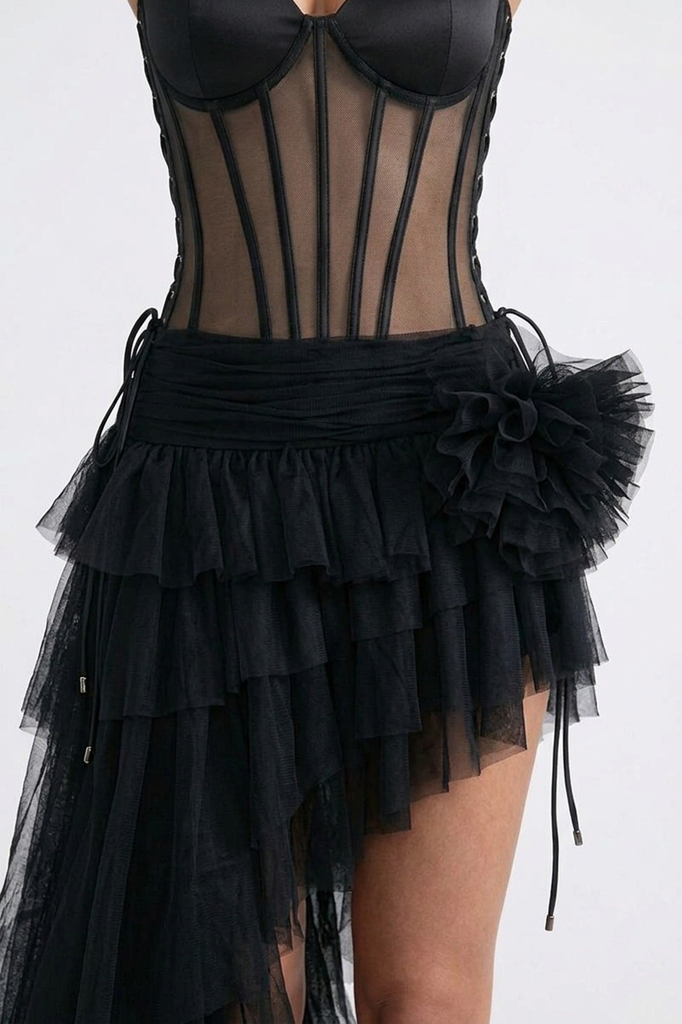 Melanie Strapless Corset Mini Dress With Sheer Boning And Asymmetric Tulle Skirt - Black