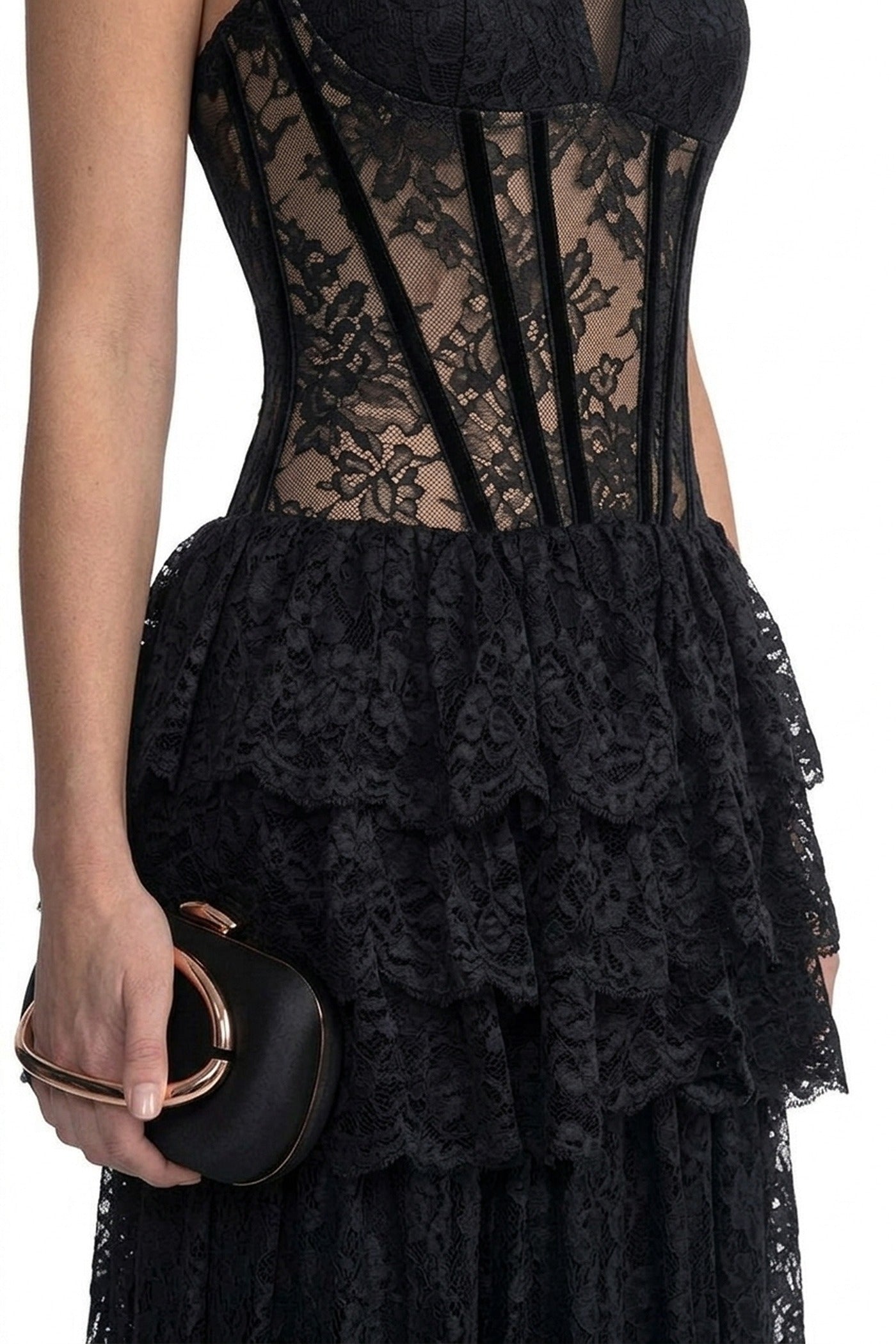 Mélanthe Lace Halter Gown With Sheer Corset And Tiered Ruffle Peplum - Black