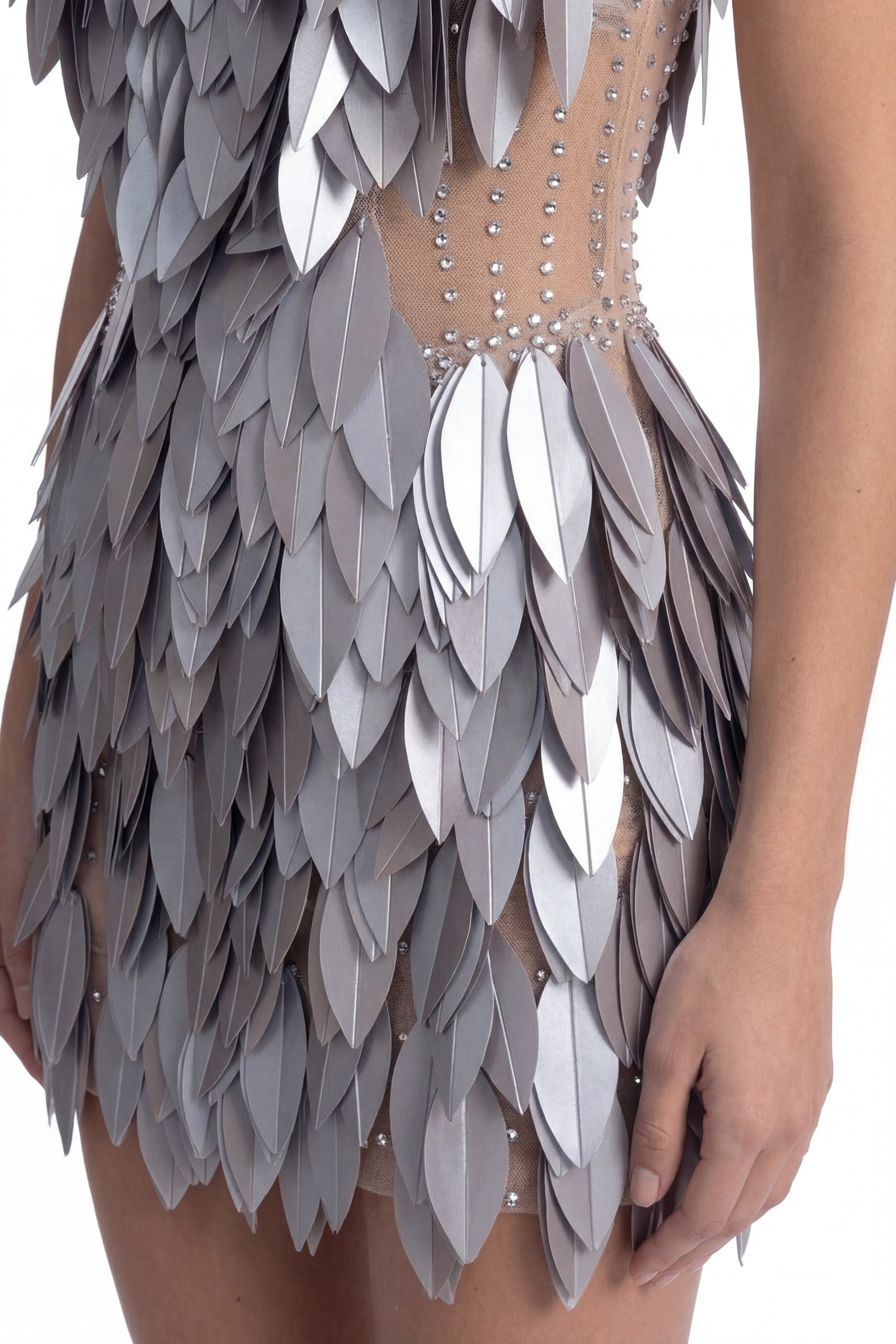 Laure Crystal-Halter Feather Mini Dress - Silver