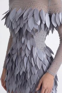 Ondine 3D Feather Mini Dress With Crystal Straps - Silver