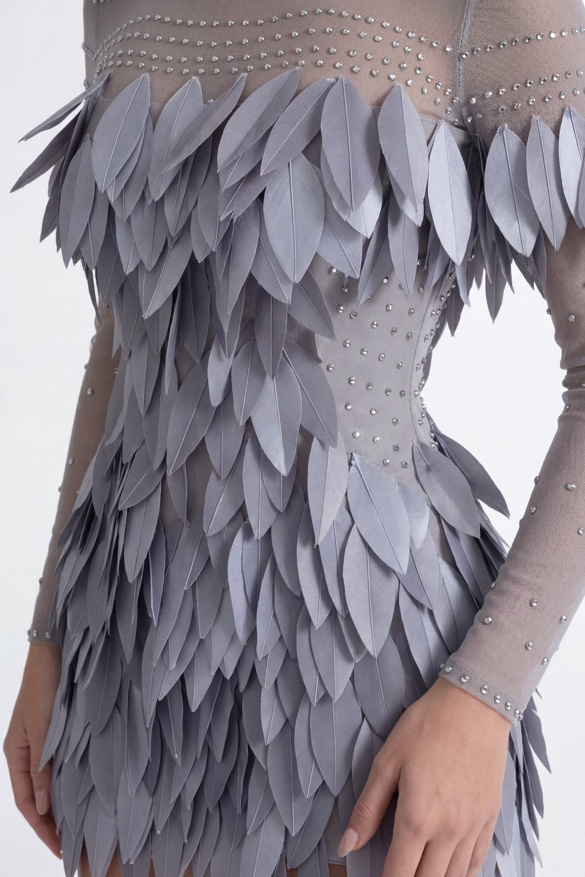 Ondine 3D Feather Mini Dress With Crystal Straps - Silver