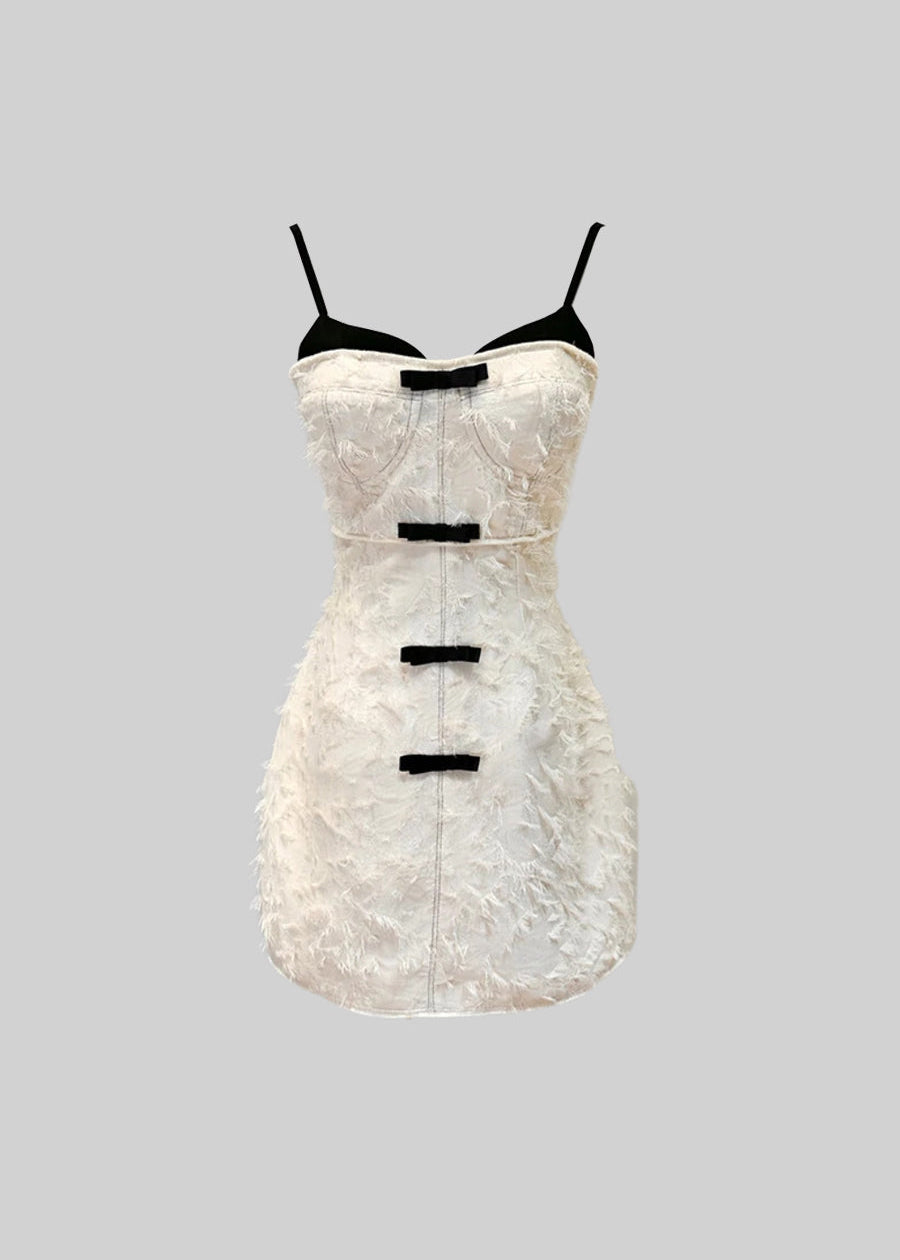 Mini Dress With Feather-Like Patterned Fabric - Ivoire
