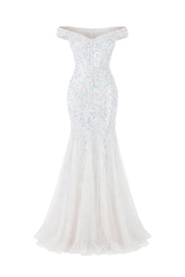 Auréliane Off-Shoulder Beaded Mermaid Gown With Scrollwork Embroidery - White