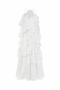 Nicolette Halter Neck Ruffled Organza Gown With 3D Rose Accent - White