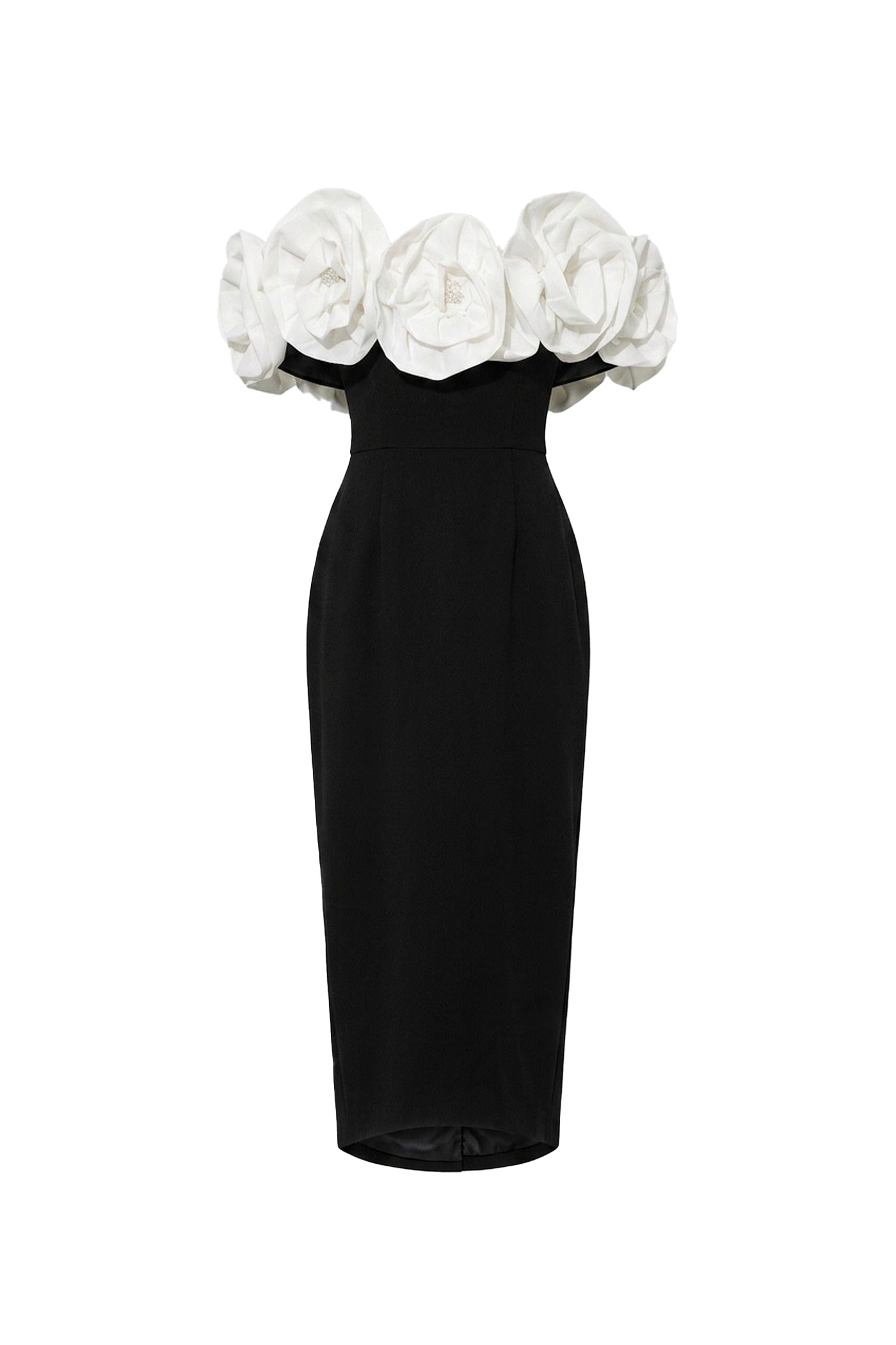 Dorothée Fitted Maxi Gown With Oversized 3D Floral Shoulders - Black