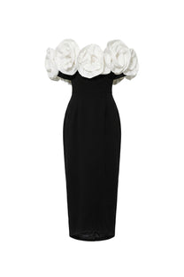 Dorothée Fitted Maxi Gown With Oversized 3D Floral Shoulders - Black